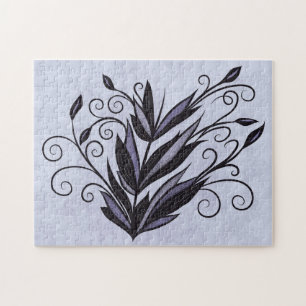 Gothic Plant Art - Black and Purple Floral Swirl Jigsaw Puzzle