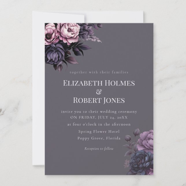 Gothic Plum Floral Wedding Invitation (Front)