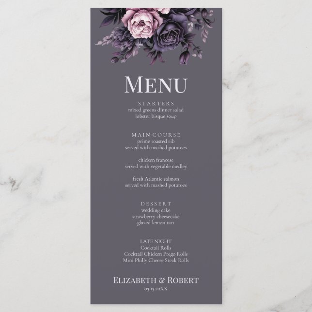 Gothic Plum Floral Wedding Menu (Front)