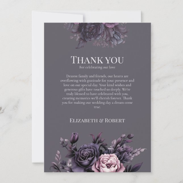 Gothic Plum Floral Wedding Thank You Card (Front)