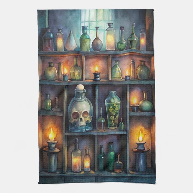 Gothic Potion Bottles – Dark Fantasy Witchy Tea Towel (Vertical)