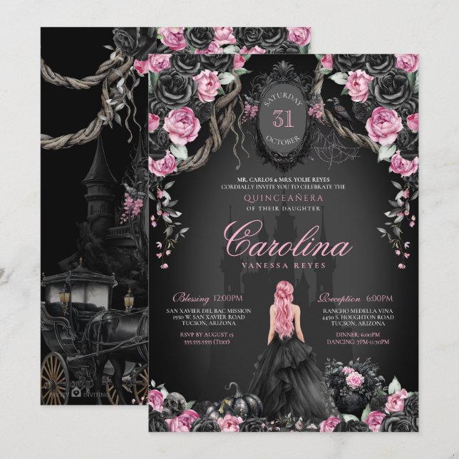Gothic Princess Halloween Pink Black Quinceanera Invitation (Front/Back)