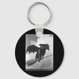 Gothic Pug With Bat Wings Witch Broom Spooky Key Ring