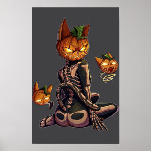 Gothic Pumpkin Head Skeleton Cat Halloween Poster