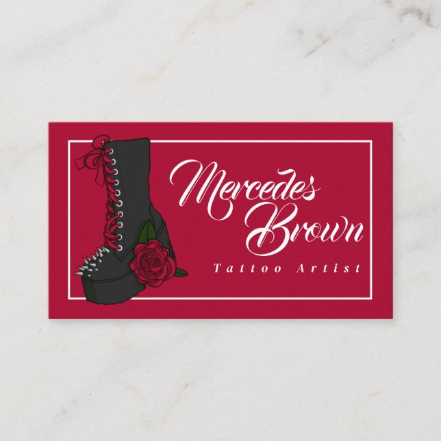Gothic Punk Boot Rose Red Tattoo Artist Business Card (Front)