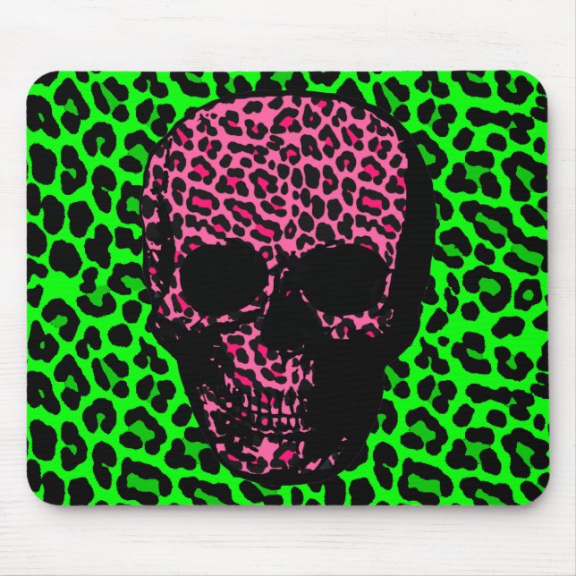Gothic Punk Skull Green Pink Leopard Print Mouse Mat (Front)