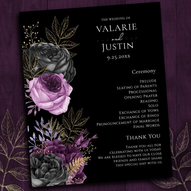 Gothic Purple and Black Floral Wedding Program (Creator Uploaded)