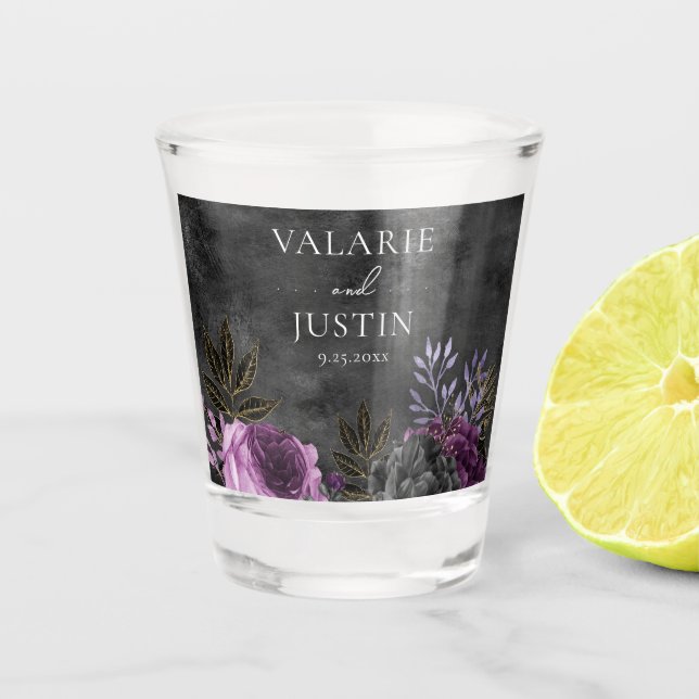 Gothic Purple and Black Floral Wedding Shot Glass (Front)