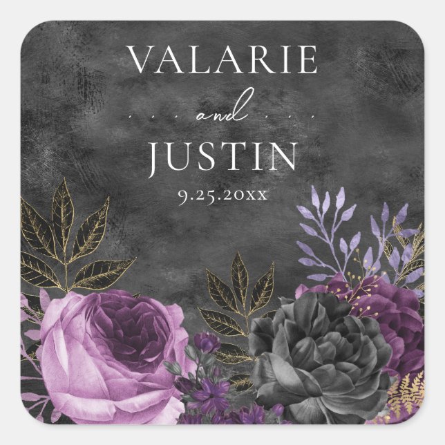 Gothic Purple and Black Floral Wedding Square Sticker (Front)