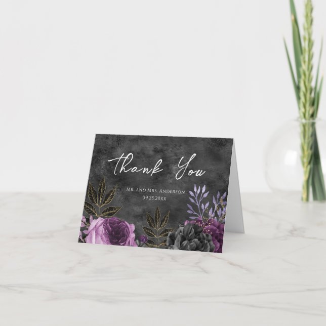 Gothic Purple and Black Floral Wedding Thank You Card (Front)