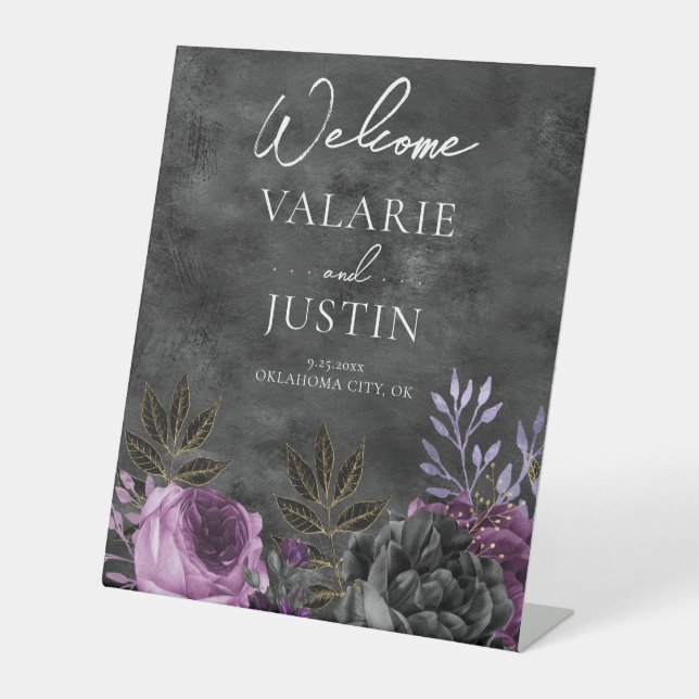 Gothic Purple and Black Floral Welcome Wedding Pedestal Sign (Front)