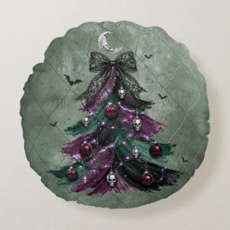 Gothic Purple And Black Halloween Tree Round Cushion