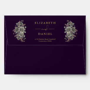 Gothic Purple And Gold Roses Floral Return Address Envelope