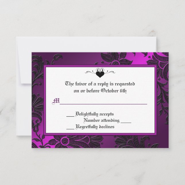 Gothic Purple, Black, and White Floral RSVP Card (Front)