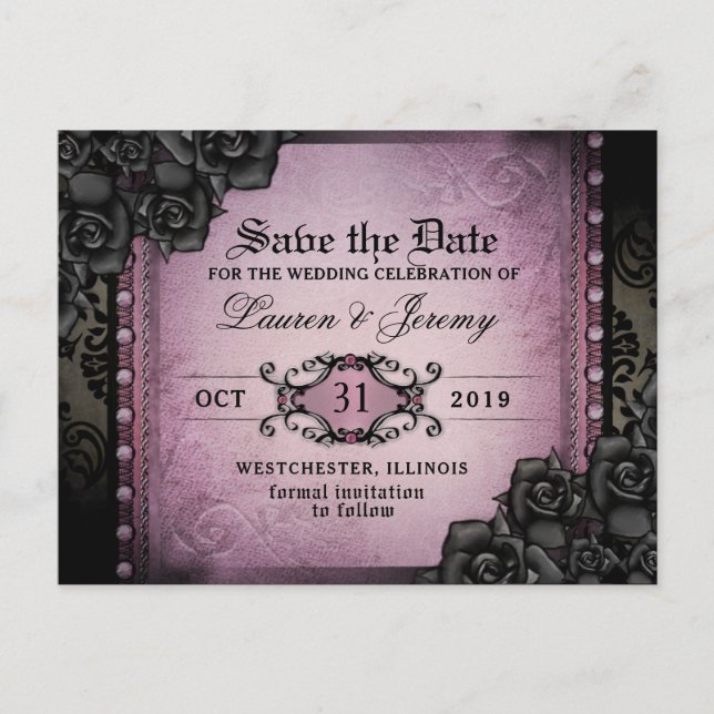 Gothic Purple & Black Halloween Save Date PostCard (Front)