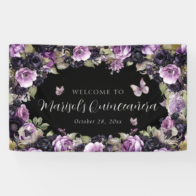 Gothic Purple & Black Moody Florals Quinceañera Banner (Horizontal)