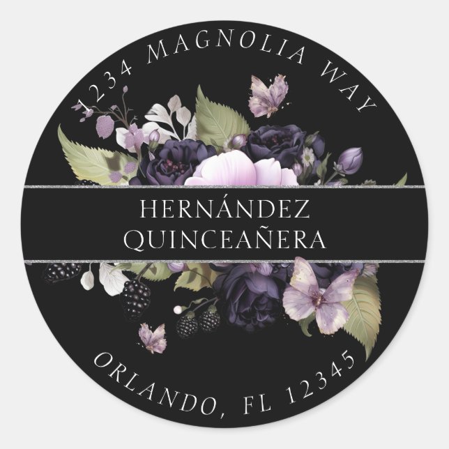 Gothic Purple & Black Moody Florals Quinceañera Classic Round Sticker (Front)