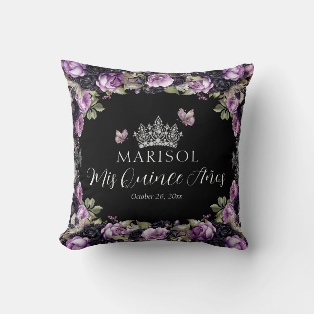 Gothic Purple & Black Moody Florals Quinceañera Cushion (Front)