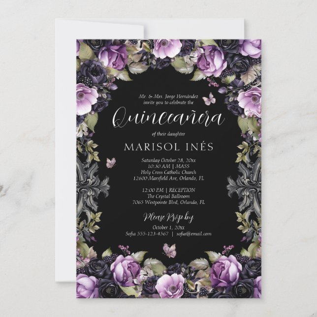 Gothic Purple & Black Moody Florals Quinceañera Invitation (Front)