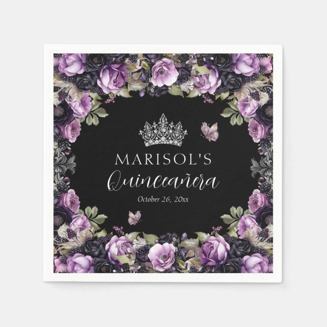 Gothic Purple & Black Moody Florals Quinceañera Napkin (Front)