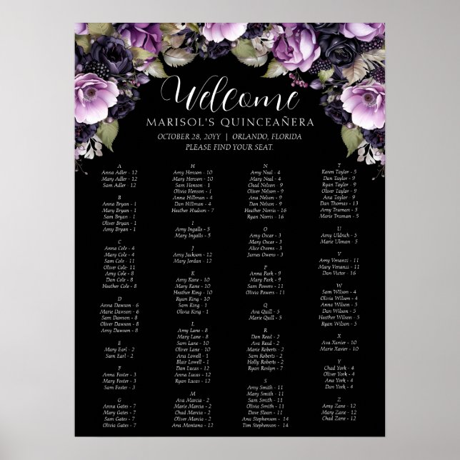 Gothic Purple & Black Moody Florals Quinceañera Poster (Front)
