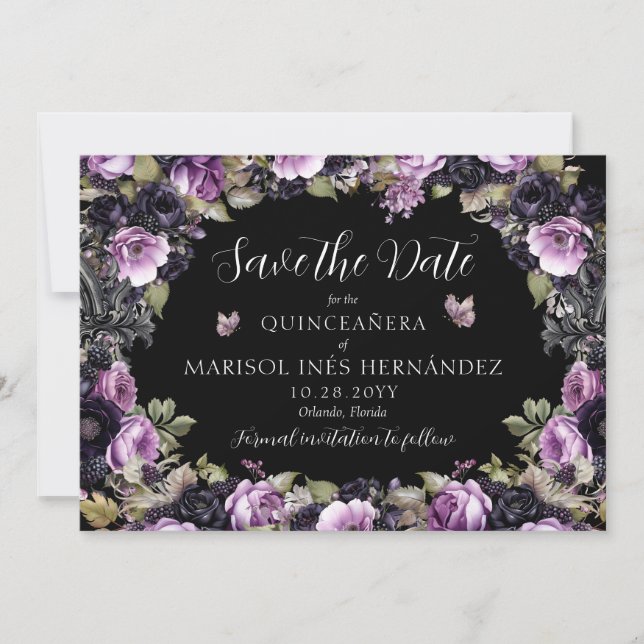 Gothic Purple & Black Moody Florals Quinceañera Save The Date (Front)