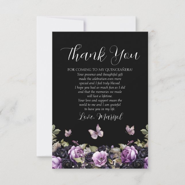 Gothic Purple & Black Moody Florals Quinceañera Thank You Card (Front)