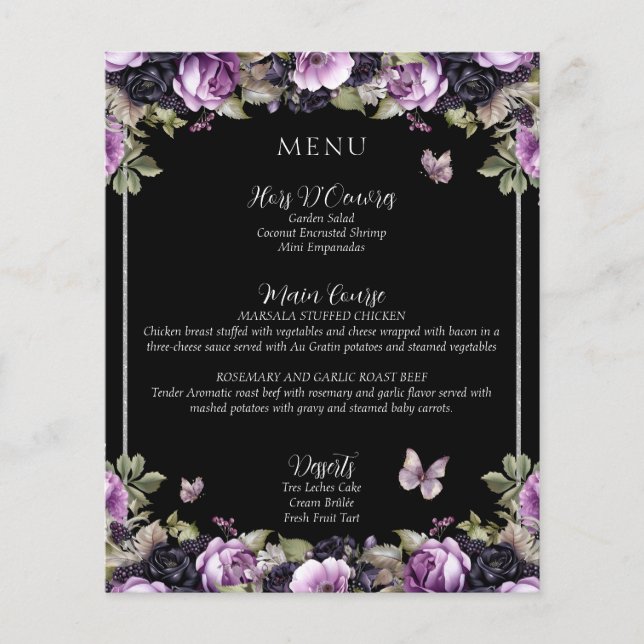 Gothic Purple & Black Moody Quinceañera Menu (Front)