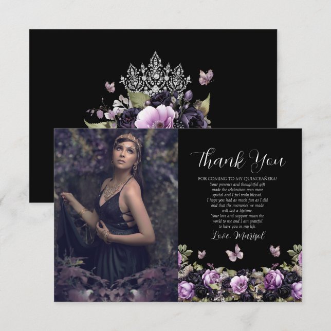 Gothic Purple & Black Moody Quinceañera Thank You Card (Front/Back)