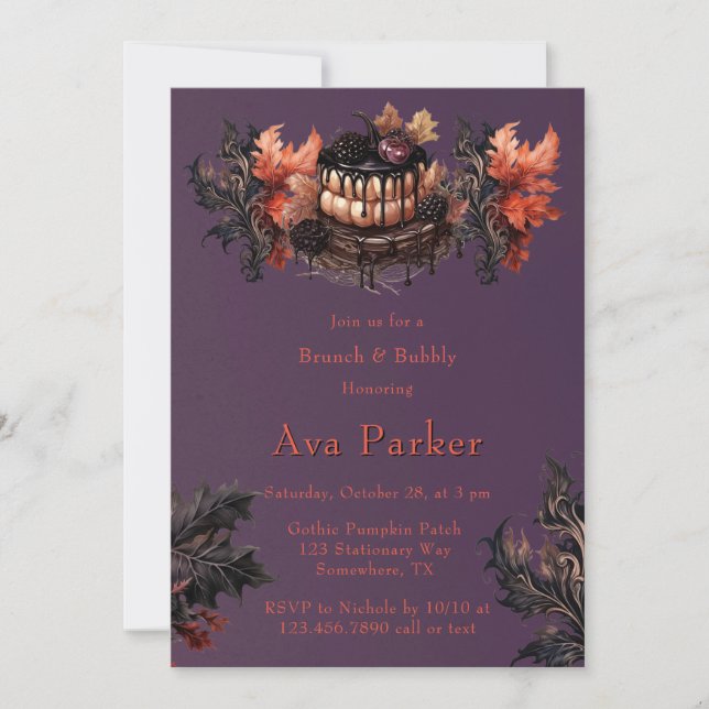 Gothic Purple Black Pumpkin Brunch and Bubbly Invitation (Front)