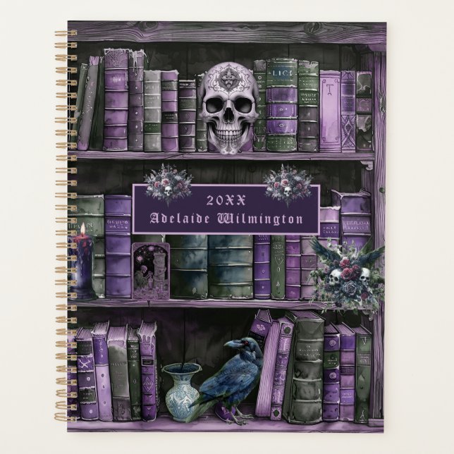 Gothic Purple Bookshelf Skull Personalised Planner (Front)