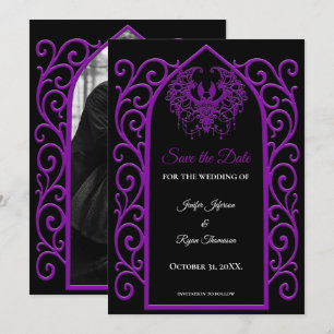 Gothic purple border wedding save the dat announcement