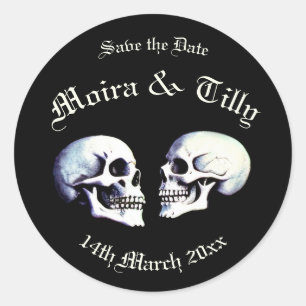 Gothic Purple Dancing Skeletons Save the Date Classic Round Sticker