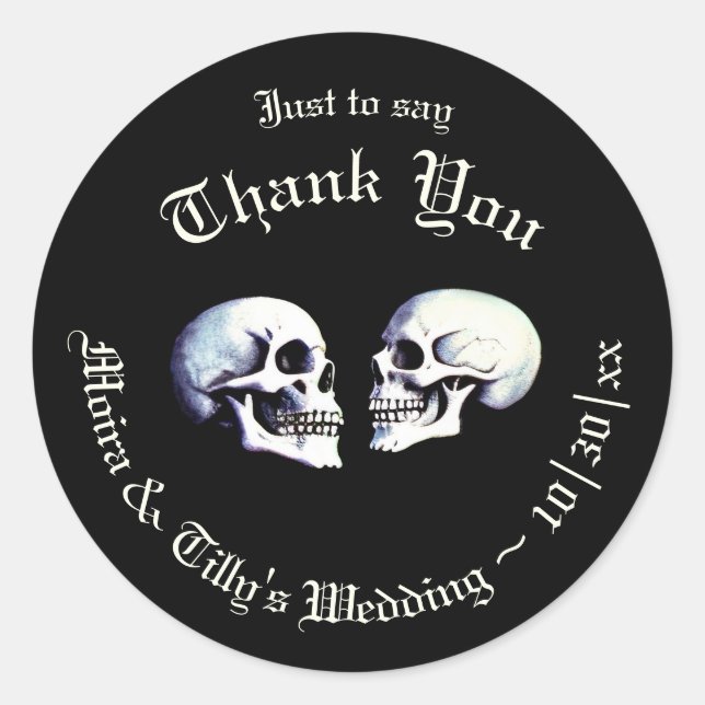 Gothic Purple Dancing Skeletons Wedding Favour Classic Round Sticker (Front)