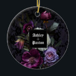 Gothic Purple Floral Bouquet on Lace with Ravens Ceramic Tree Decoration<br><div class="desc">This ornament is perfect for a modern elegant Gothic wedding. The moody floral design features a natural bouquet of purple flowers in a luxurious arrangement on a dark purple and black lace background with two ravens.

You can personalise with your first names</div>