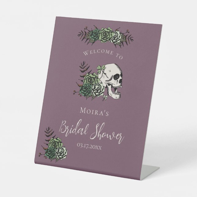 Gothic Purple Floral Skull Bridal Shower Tabletop Pedestal Sign (Front)