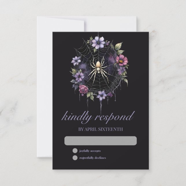 Gothic Purple Floral Spider Web Handfasting RSVP Card (Front)
