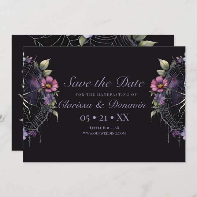 Gothic Purple Floral Spider Web Handfasting Save The Date (Front/Back)
