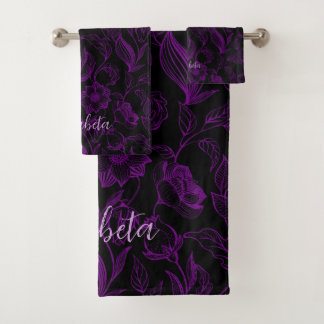 Gothic Purple Flowers On Black Bath Towel Set