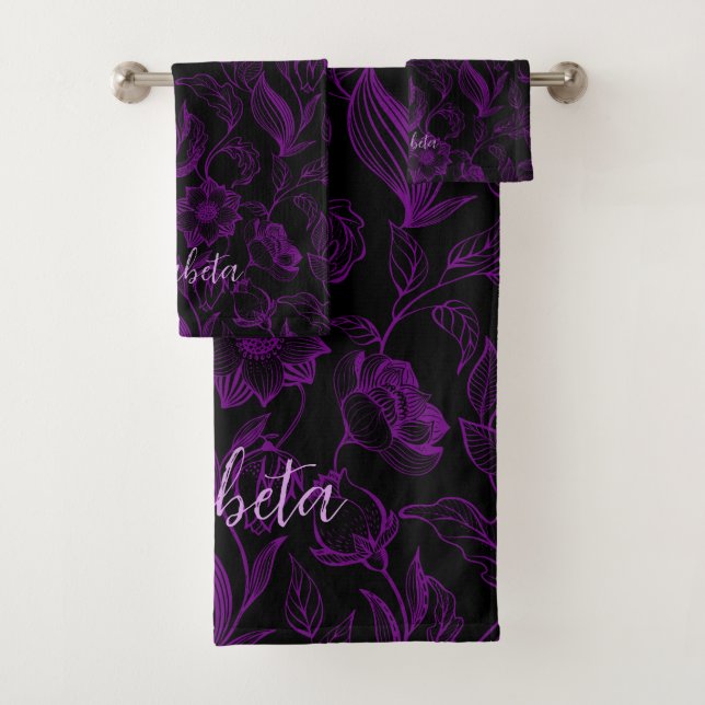 Gothic Purple Flowers On Black  Bath Towel Set (Insitu)