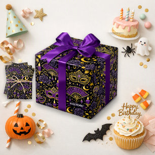 Gothic Purple Gold Masquerade Spooky Birthday Wrapping Paper Sheet