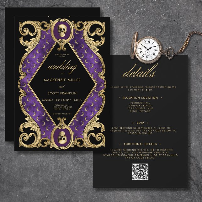 Gothic Purple & Gold Skull Frame Two Sided Invitation (Gothic Purple & Gold Skull Frame All In One Invitation)