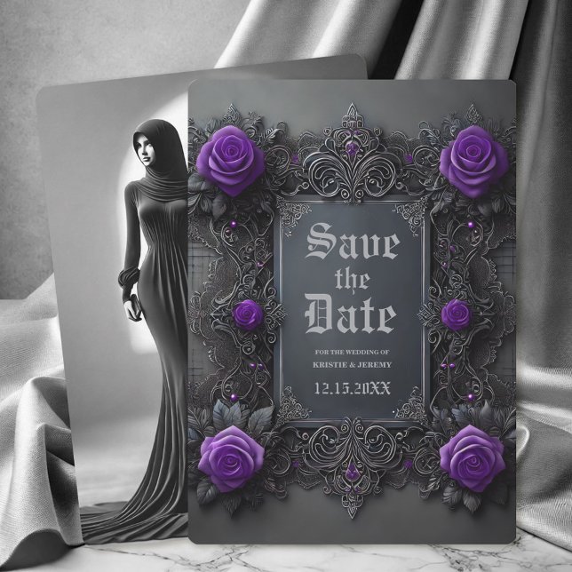 Gothic Purple Grey Floral Photo Save the Date (Gothic Purple Roses on dark gray with a Back Photo Save the Date Announcement.)