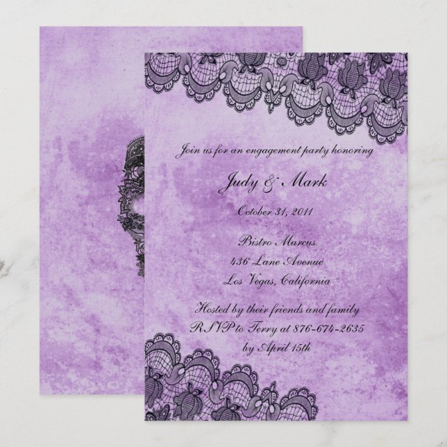 Gothic Purple Grunge Black Lace Engagement Party Invitation (Front/Back)