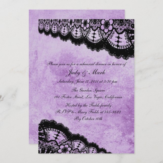 Gothic Purple Grunge Black Lace Rehearsal Dinner Invitation (Front/Back)