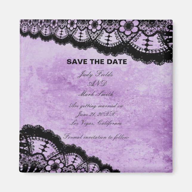 Gothic Purple Grunge Black Lace Save The Date Magnet (Front)