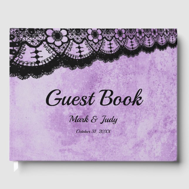 Gothic Purple Grunge Black Lace Wedding Guest Book (Front)