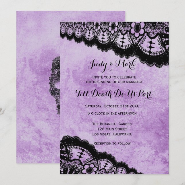 Gothic Purple Grunge Black Lace Wedding Invitation (Front/Back)