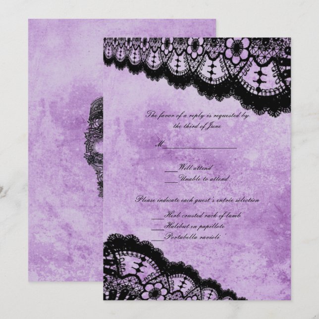 Gothic Purple Grunge Black Lace Wedding Response Invitation (Front/Back)