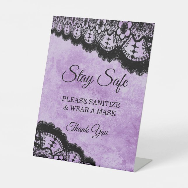 Gothic Purple Grunge Black Lace Wedding Safety Pedestal Sign (Front)